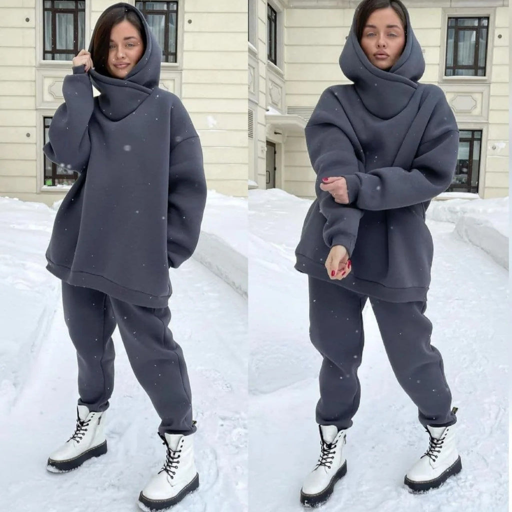 Ensemble en polaire oversize pour femmes avec capuche volumineuse, col châle incurvé et pantalon de jogging confortable