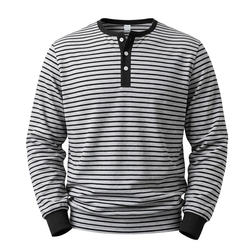 Chemise Henley à manches longues pour hommes en mélange de coton avec de fines rayures et patte de boutonnage Echoarchiv