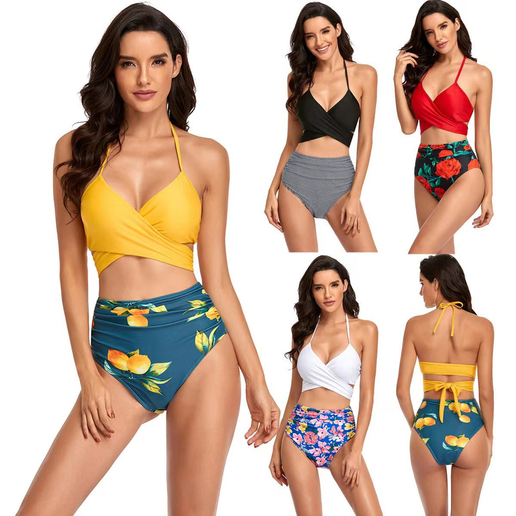 Bikini taille haute pour femmes avec haut croisé et motifs floraux R&B
