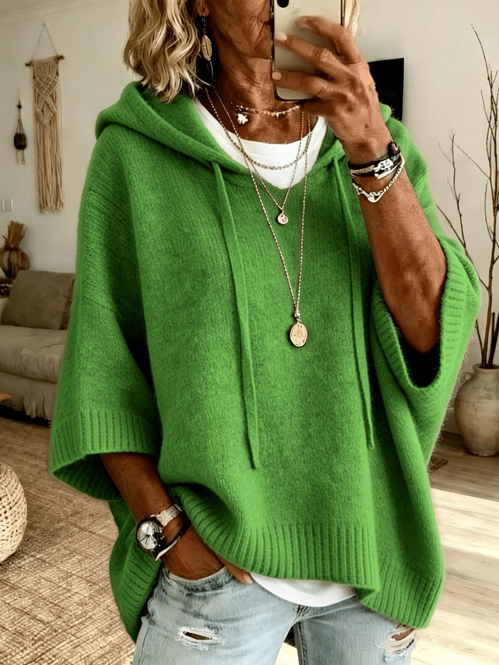 Poncho en tricot oversized avec capuche et manches courtes pour femmes Echo Archiv