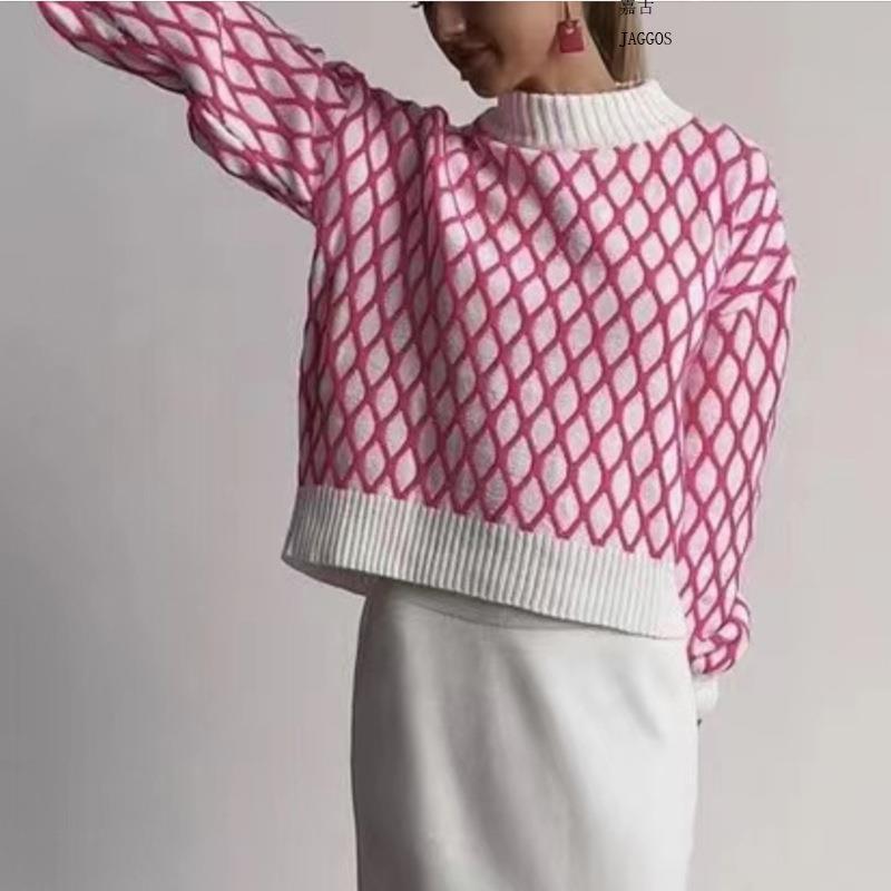 Pull en tricot oversize pour femmes avec motif en losanges et col montant Echoarchiv