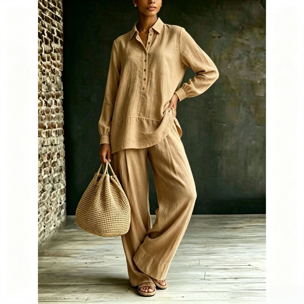 Ensemble tunique-pantalon pour femmes en aspect lin avec col chemise et coupe ample Echoarchiv