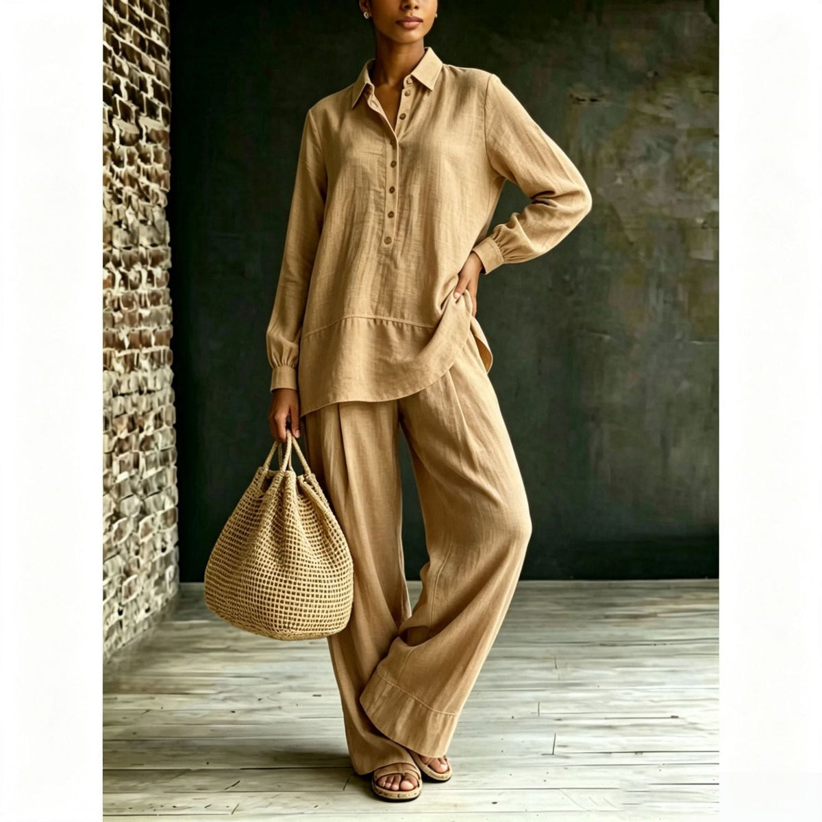 Ensemble tunique-pantalon pour femmes en aspect lin avec col chemise et coupe ample Echoarchiv