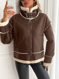Veste en simili cuir pour femmes avec doublure en teddy et fermeture éclair
