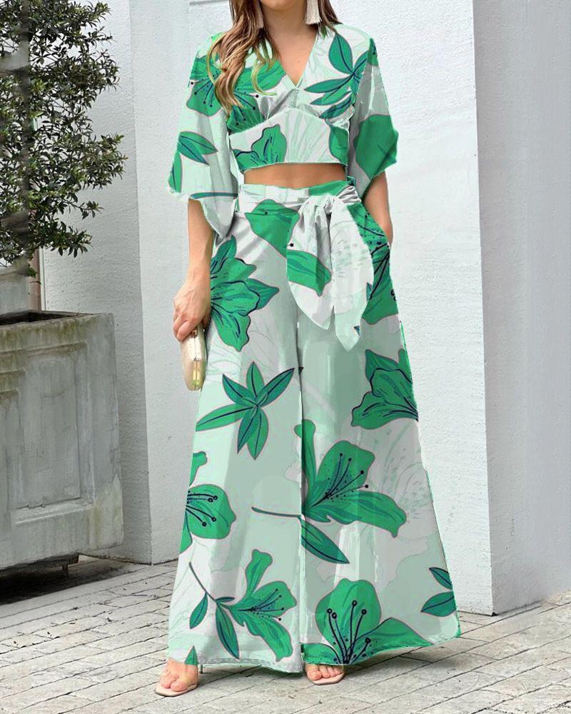 Ensemble d'été deux pièces pour femmes avec crop-top à nouer et pantalons palazzo taille haute EB