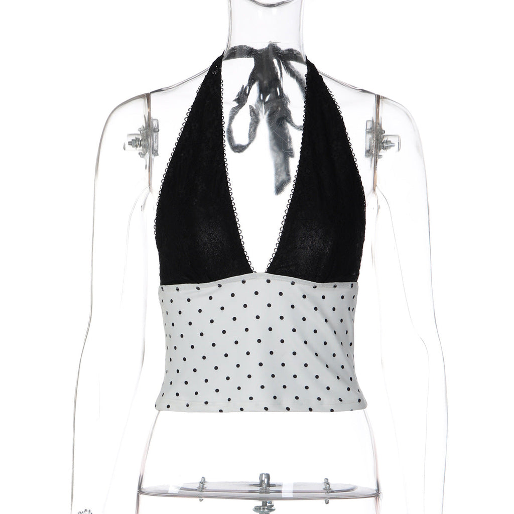 Débardeur à pois ludique pour femmes avec insert en dentelle transparente R&B