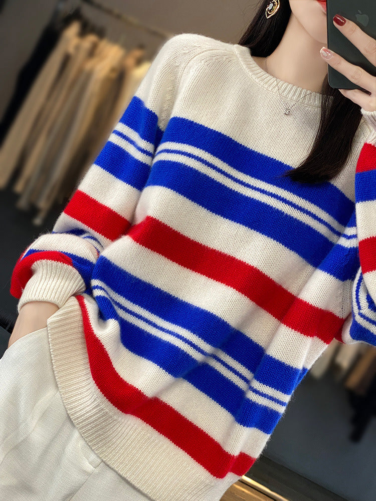 Pull oversized pour femmes avec rayures et col rond