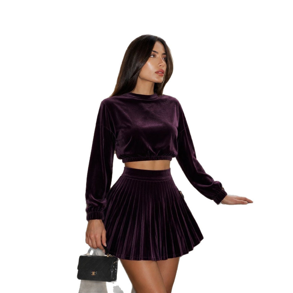 Pull court en velours pour femmes avec manches ballon et mini-jupe plissée Echo Archiv