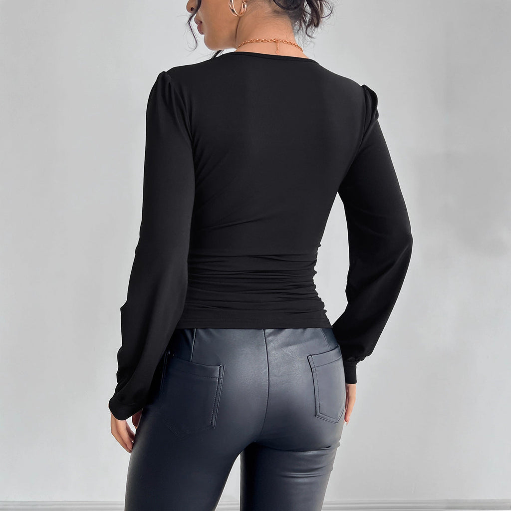 T-shirt à manches longues cintré pour femmes avec décolleté en dentelle plongeant, fronces et ornements en cristal R&B
