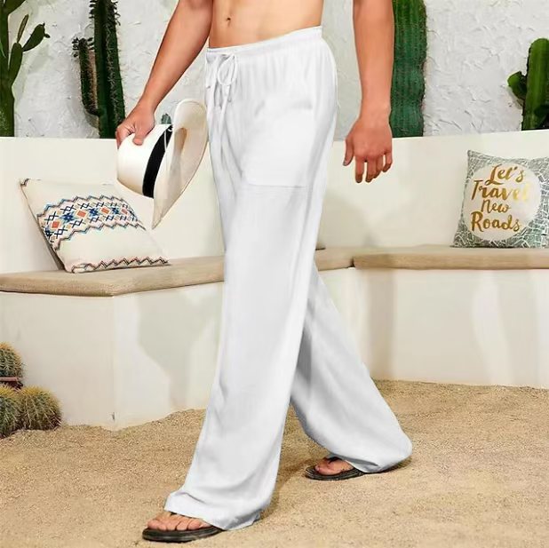 Pantalon large en lin pour hommes avec cordon de serrage, poches latérales plaquées et coupe Relaxed-Fit Echo Archiv
