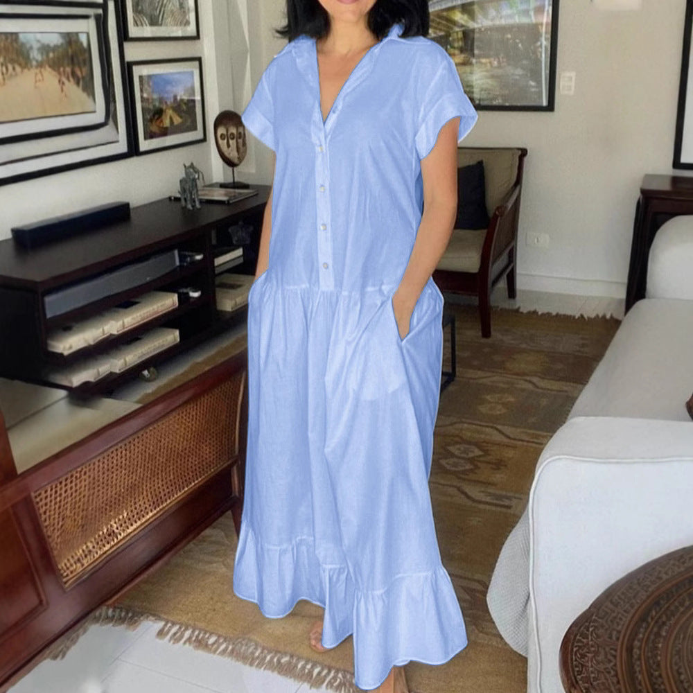 Robe Boutonnée Décontractée pour Femmes avec Poches et Ourlet Volant R&B