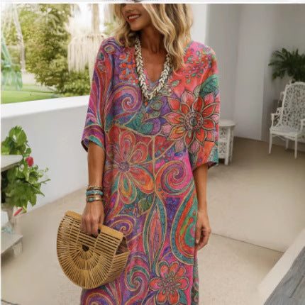 Robe Kaftan Boho légère pour femme avec décolleté en V, silhouette décontractée et manches trois-quarts R&B