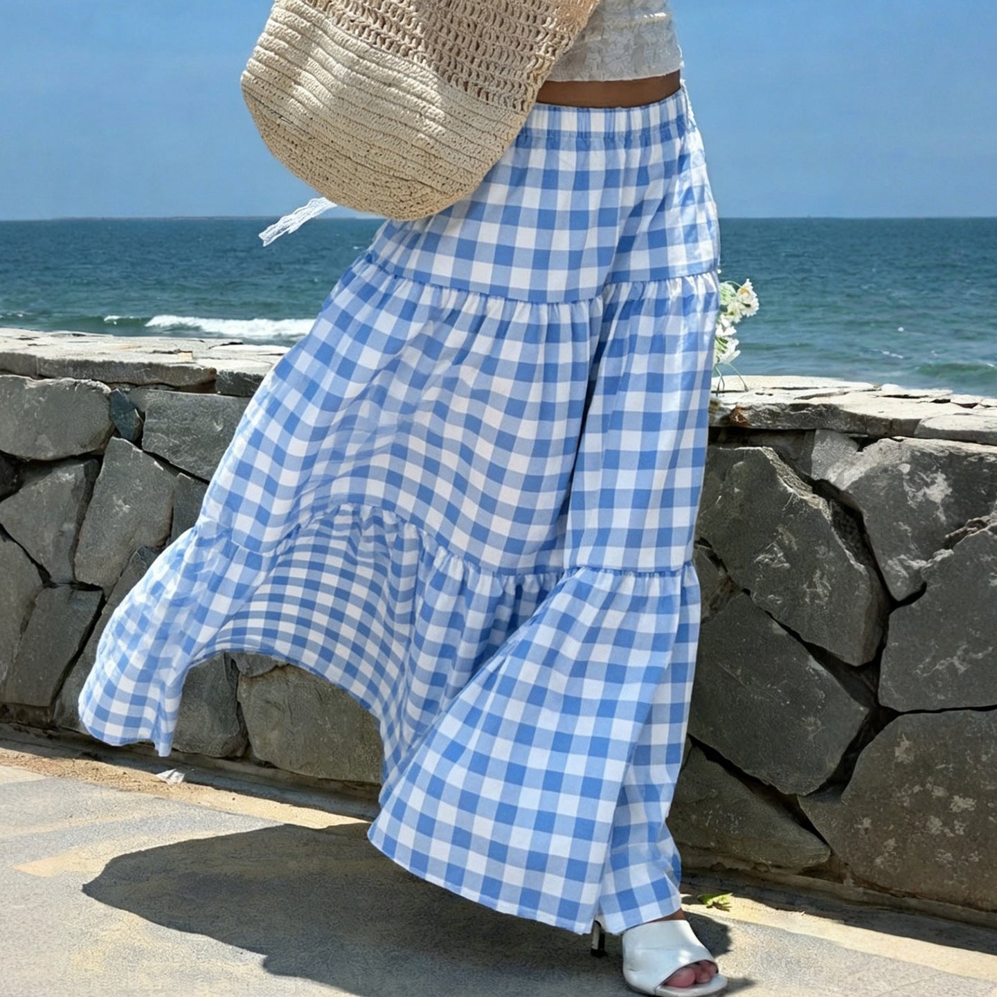 Jupe longue en viscose pour femmes avec un motif à carreaux volumineux et une taille élastique R&B