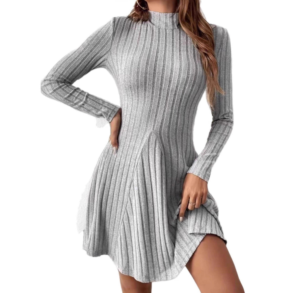 Robe en tricot côtelé pour femmes avec col montant, coupe cintrée en A et manches longues Echoarchiv