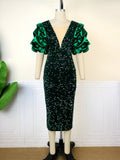 Robe de soirée glamour pour femmes avec des sequins scintillants et des manches volumineuses R&B