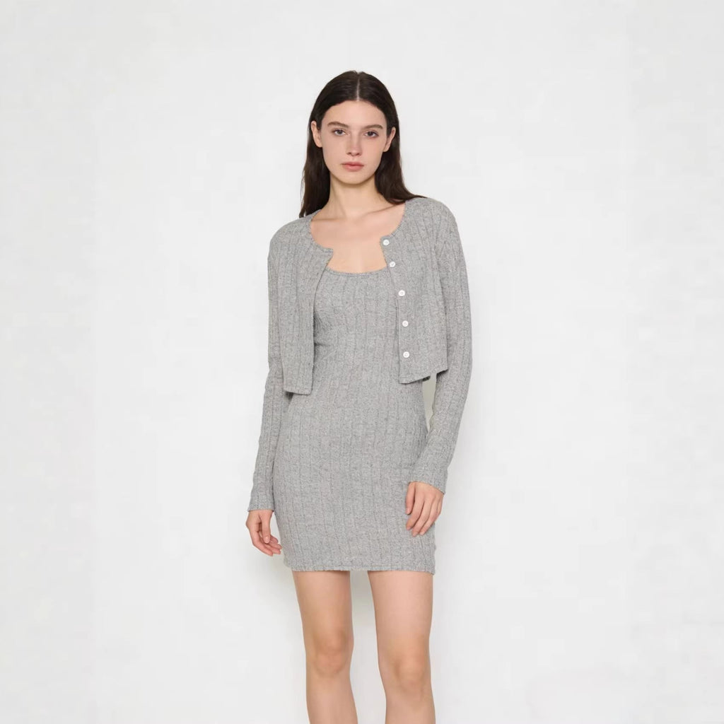 Robe en tricot côtelé pour femmes avec cardigan court assorti