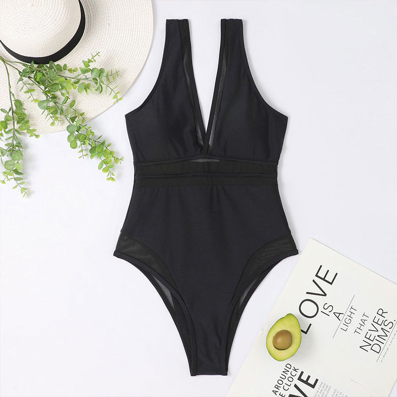 Maillot de bain une pièce pour femmes avec décolleté V profond et inserts transparents R&B