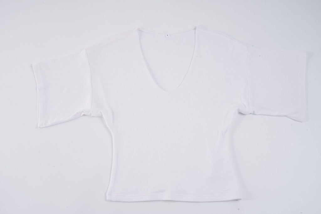 T-shirt cropped décontracté pour femmes avec décolleté en V et manches oversized R&B