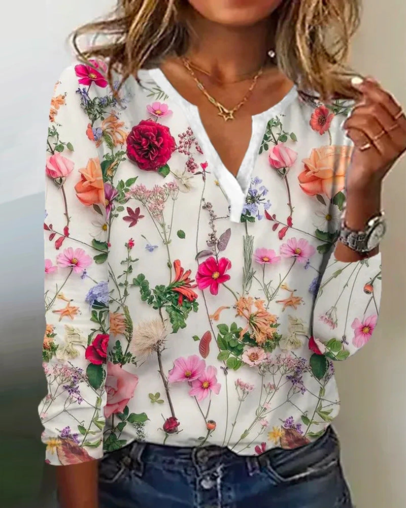 Blouse Longue Florale Femme en Look Chiffon avec Décolleté en V et Silhouette Décontractée Echoarchiv