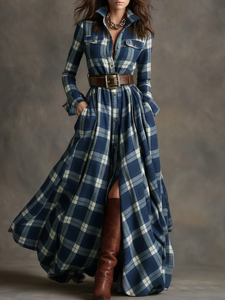 Robe Maxi à Carreaux pour Femmes avec Haut de Chemise, Taille Cintrée et Poches Latérales Echoarchiv