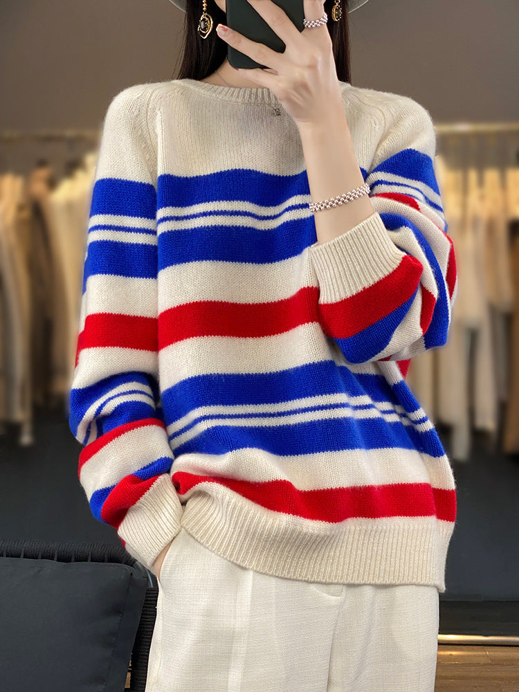 Pull oversized pour femmes avec rayures et col rond