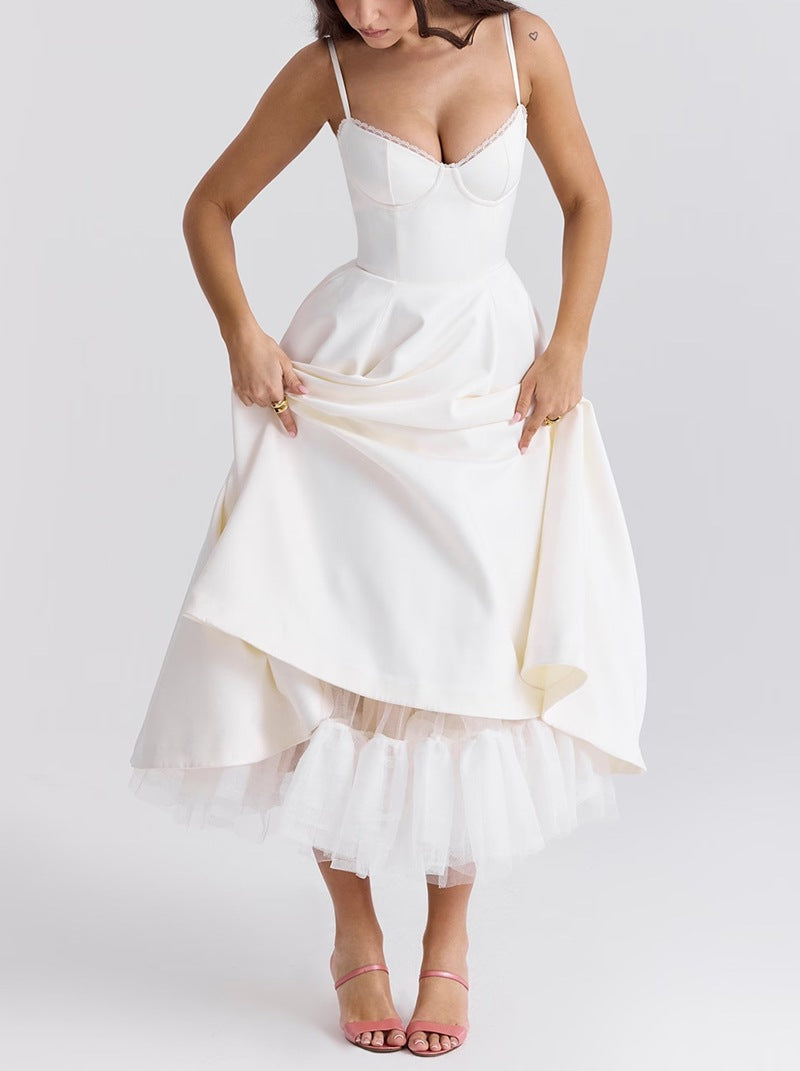 Robe midi rétro inspirée pour femmes avec corsage, coutures sous la poitrine, jupe évasée et poches latérales R&B