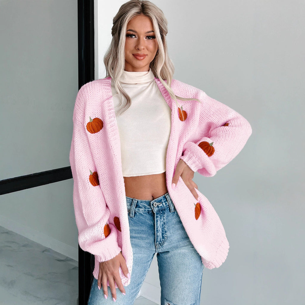 Cardigan en tricot oversized douillet pour femmes avec broderie de citrouille Echoarchiv
