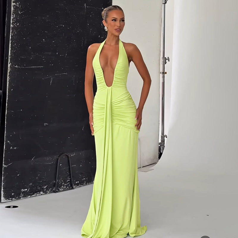 Robe Maxi Élégante pour Femme avec Drapés Raffinés et Décolleté en V Profond Heidi-Mode