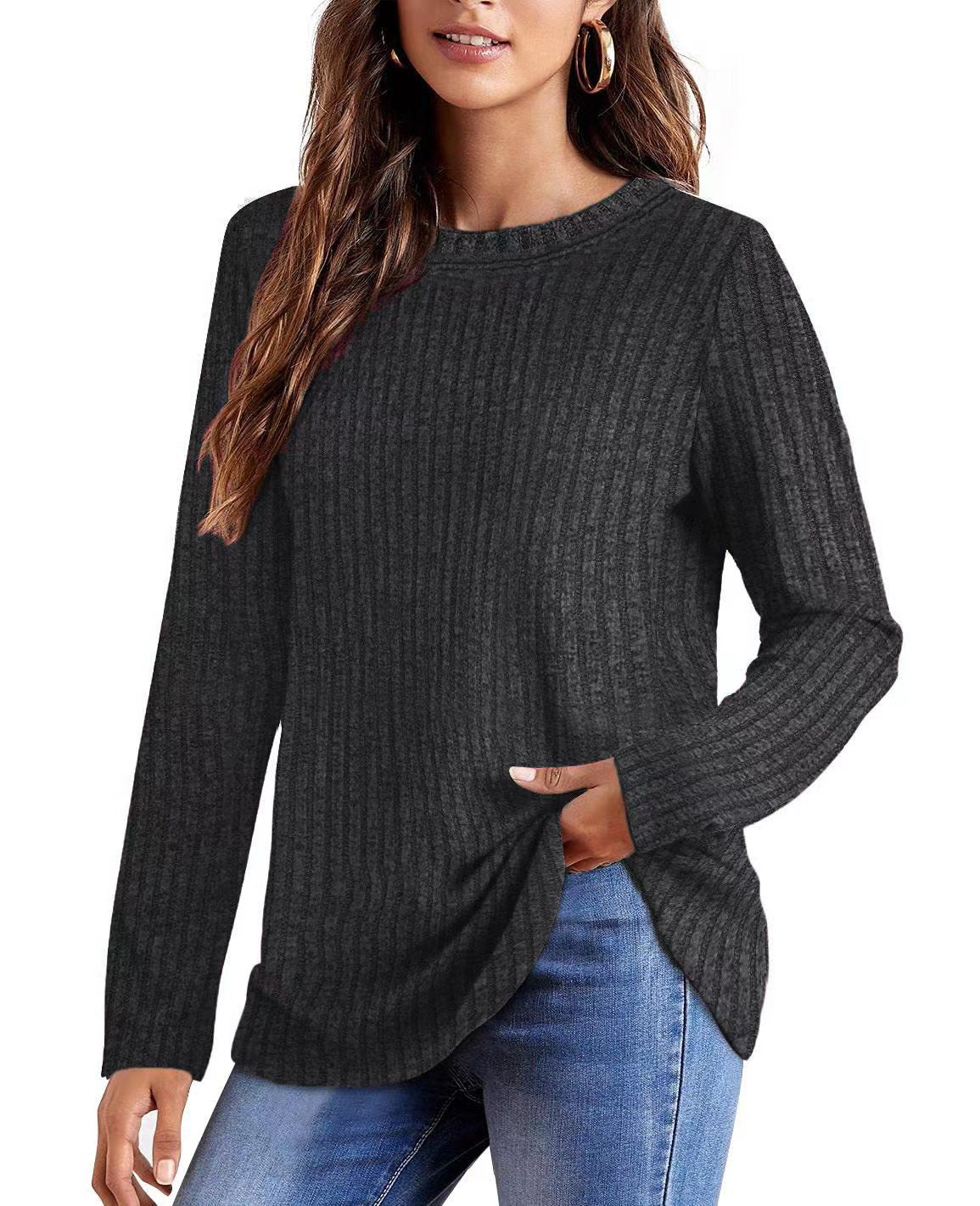T-shirt long en maille fine côtelée pour femmes avec col rond et ourlet asymétrique