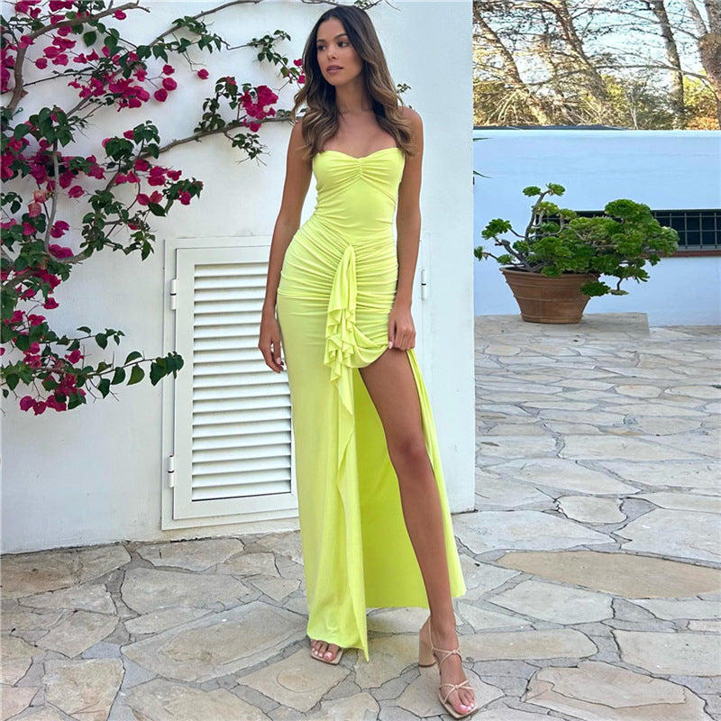 Robe maxi élégante pour femmes avec des détails de volants raffinés et des bretelles spaghetti Heidi-Mode