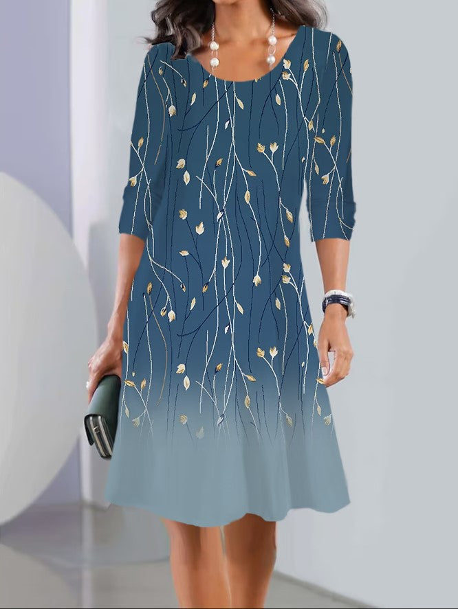 Robe A-ligne pour femmes avec imprimé floral, décolleté en U, manches trois-quarts et doux dégradé Ombre Echoarchiv