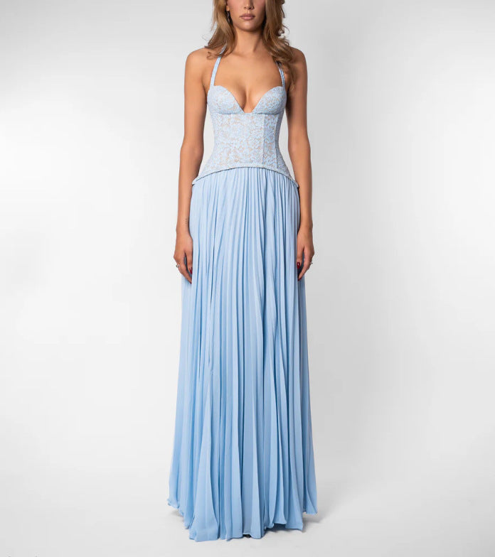 Robe corset à col halter pour femmes avec corsage en dentelle et jupe plissée fluide R&B