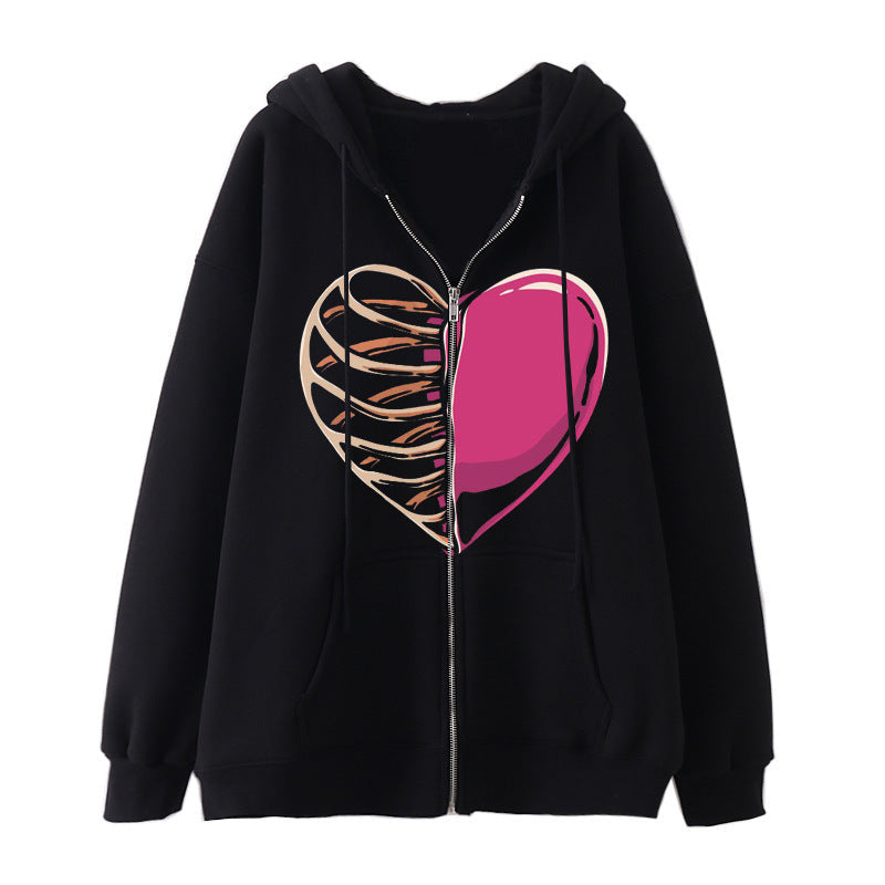 Veste à capuche pour femmes avec fermeture éclair intégrale et impression cœur côtelé Echo Archiv