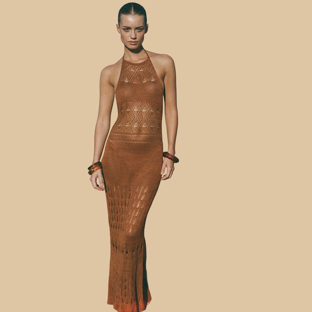 Robe maxi en crochet élégante pour femmes avec décolleté plongeant R&B
