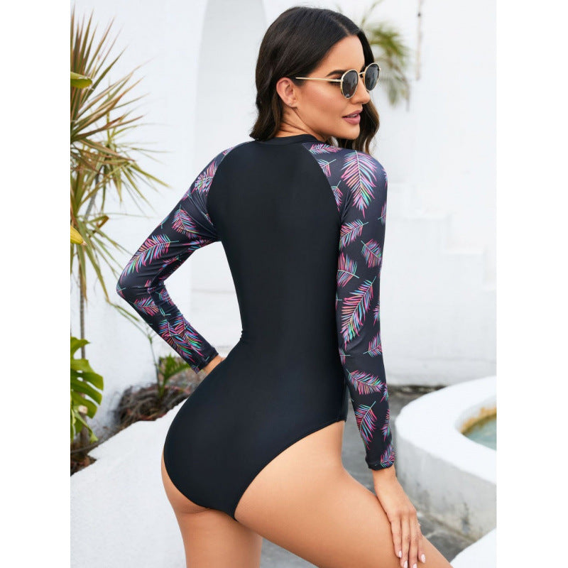Combinaison de surf à manches longues pour femmes avec motif de palmiers moderne et fermeture éclair stylée R&B