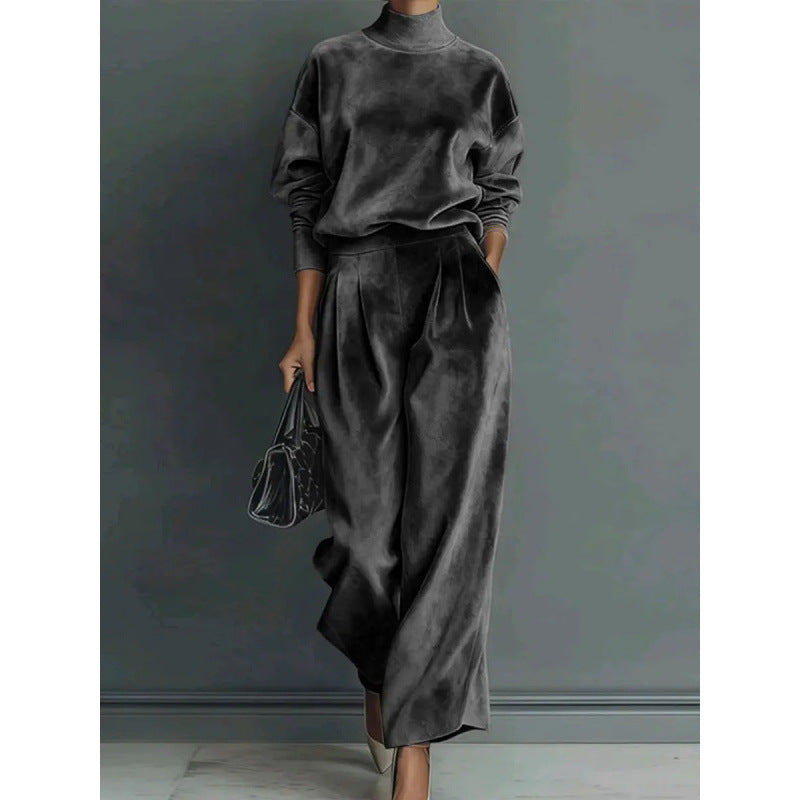 Ensemble de Loungewear en Velours à Deux Pièces pour Femmes avec Col Montant et Pantalon Palazzo Plissé Echoarchiv