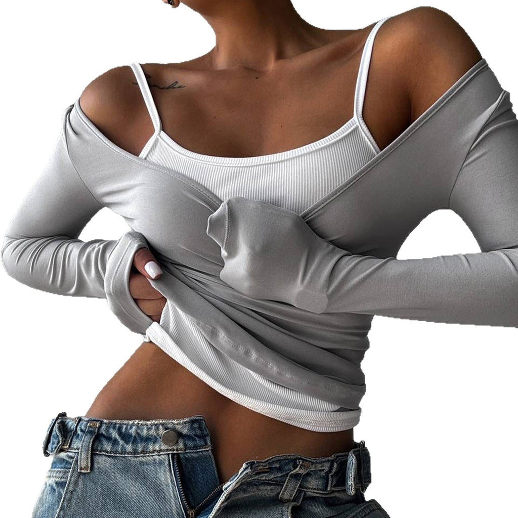 Top cropped à manches longues ajusté pour femmes avec décolleté carré et bretelles spaghetti doubles Echo Archiv