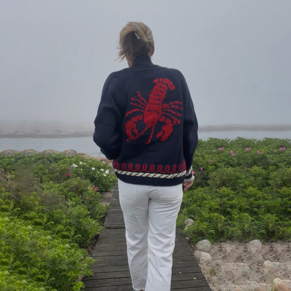 Cardigan en tricot oversize pour femmes avec motif de baleine et bordure nautique Echoarchiv