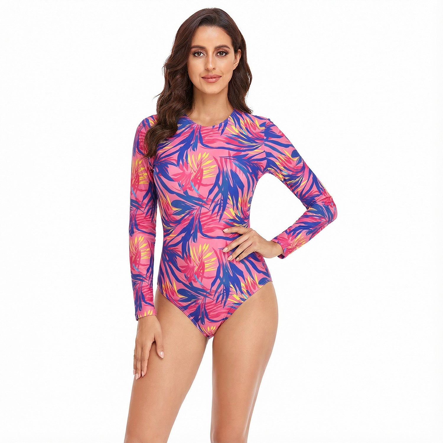 Maillot de bain à manches longues sportif pour femmes avec motif tropical R&B