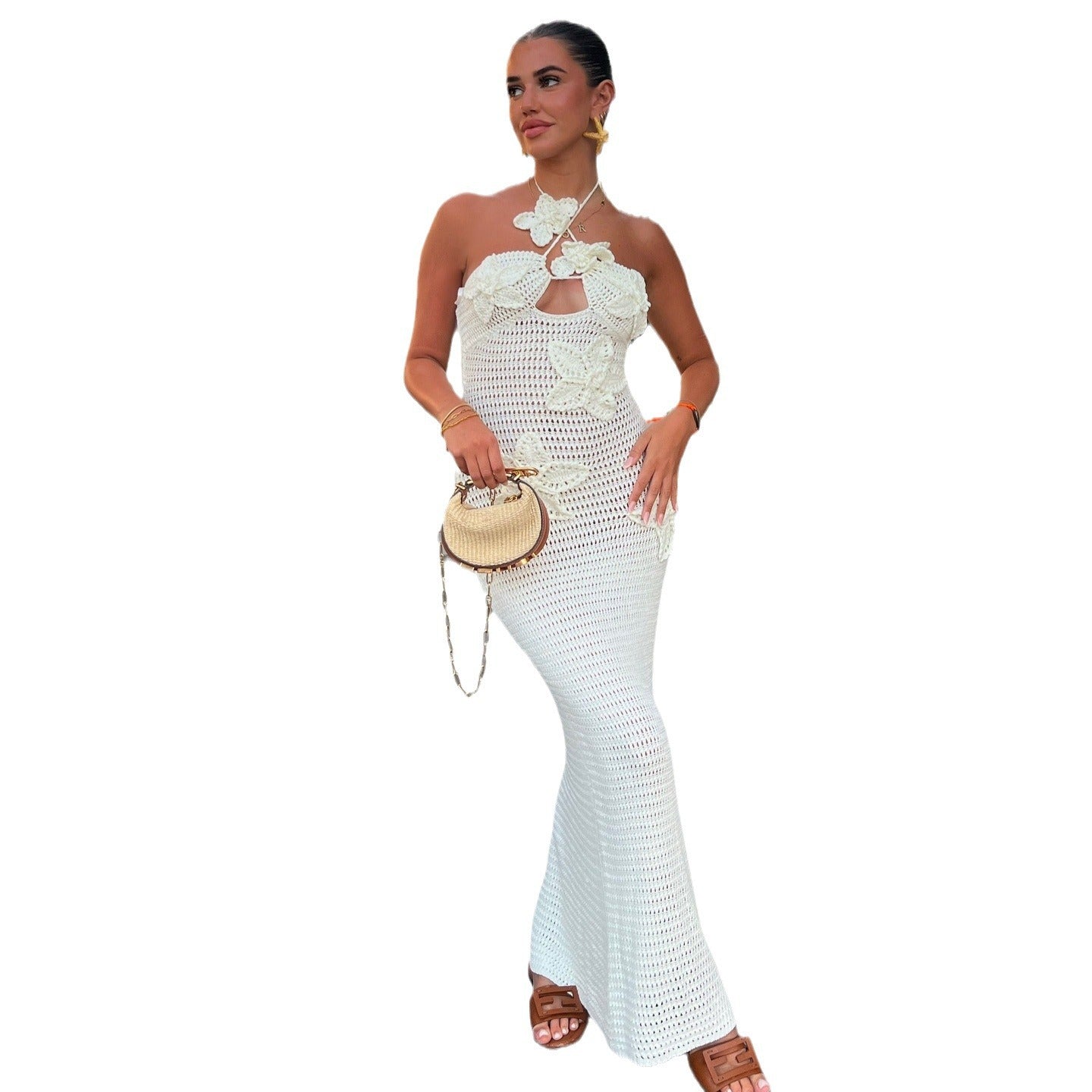 Robe maxi en tricot pour femmes avec empiècement floral et design sans épaules R&B