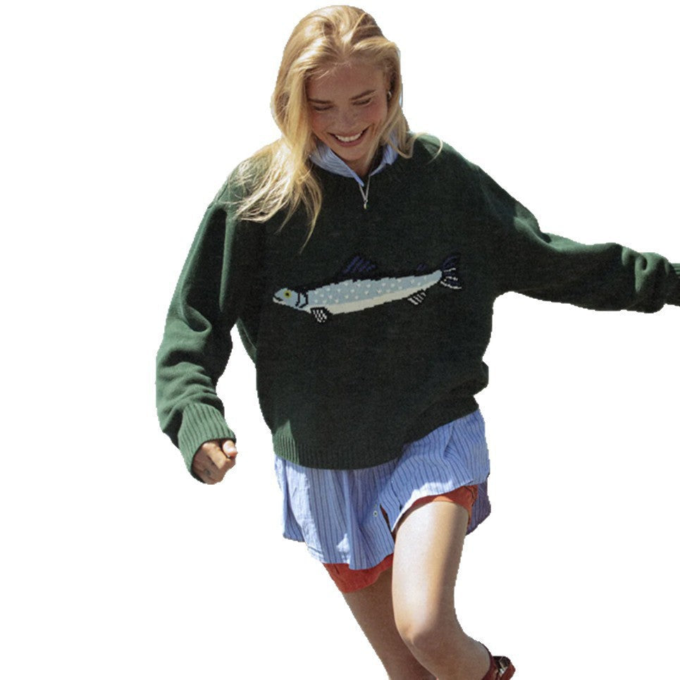 Pull-over en maille oversize pour femmes avec jacquard poisson, col montant et bords côtelés Echoarchiv