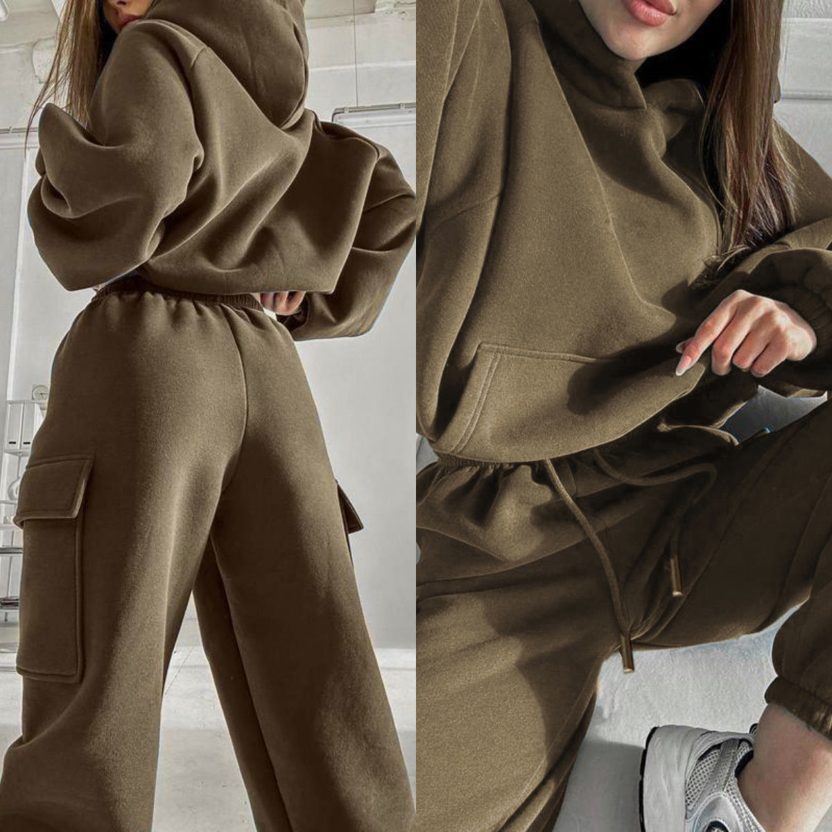 Ensemble de sweat à capuche oversize pour femmes avec poche kangourou et pantalon de jogging cargo