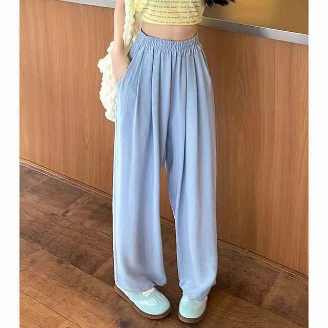 Pantalon palazzo large en look lin pour femmes avec taille haute, ceinture élastique et poches
