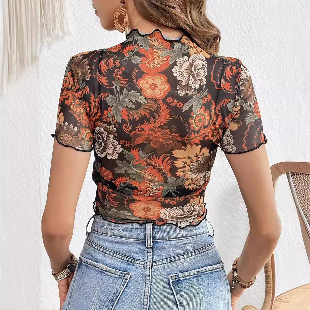 Top en maille raccourci pour femmes avec motif floral semi-transparent, col montant et ourlet ondulé R&B