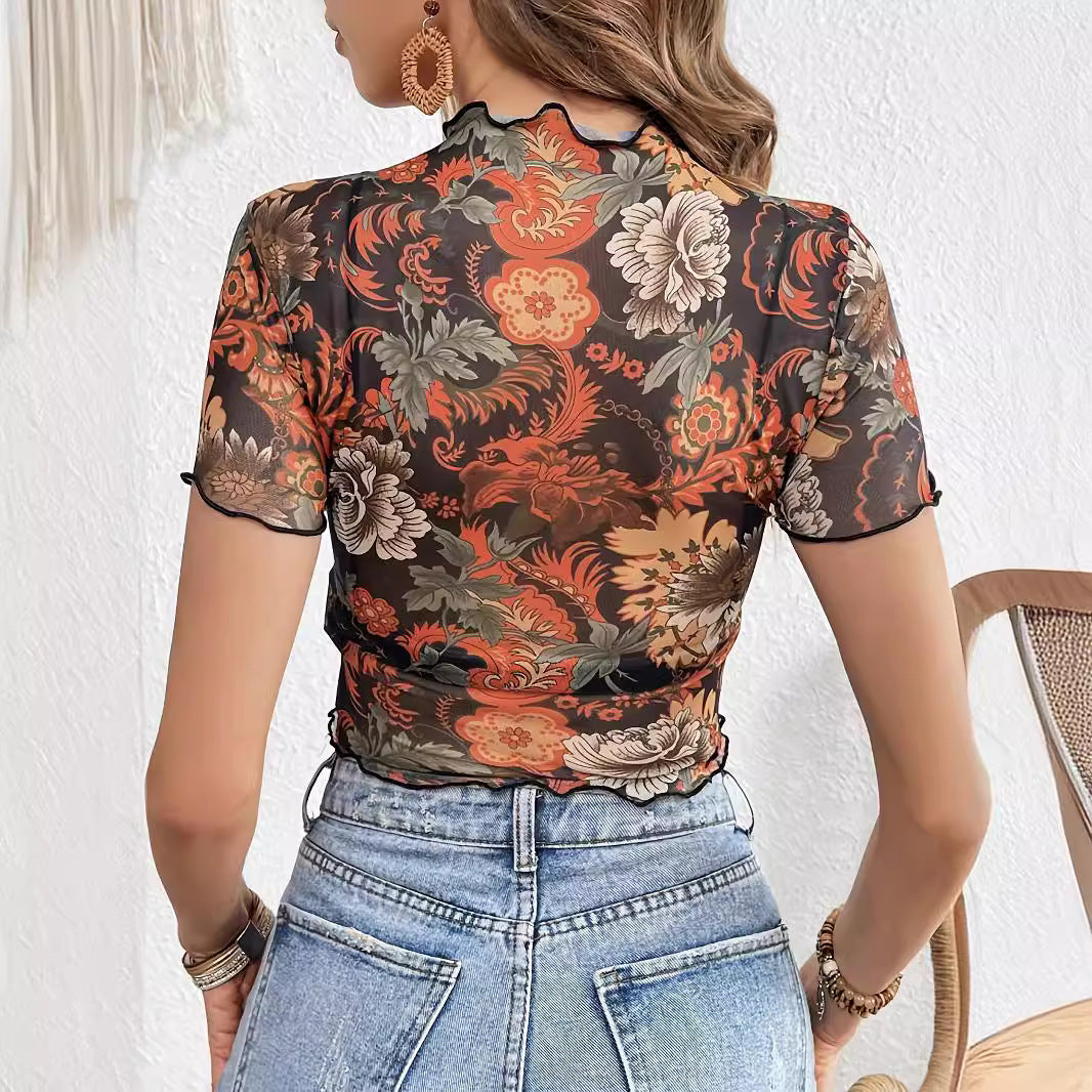 Top en maille raccourci pour femmes avec motif floral semi-transparent, col montant et ourlet ondulé R&B