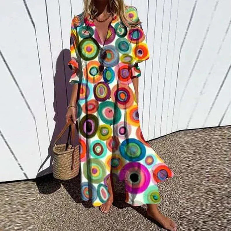 Robe Maxi Fluide pour Femmes avec Boutonnage Intégral, Décolleté en V et Imprimé Ethnique Echoarchiv