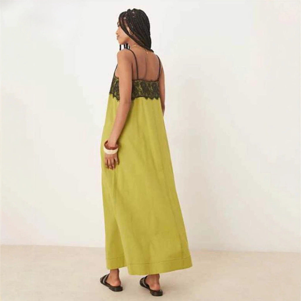 Robe maxi inspirée de la lingerie de nuit pour femmes avec bustier en dentelle et fines bretelles spaghetti R&B