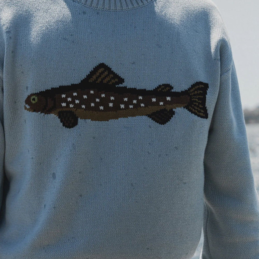 Pull-over en maille oversize pour femmes avec jacquard poisson, col montant et bords côtelés Echoarchiv