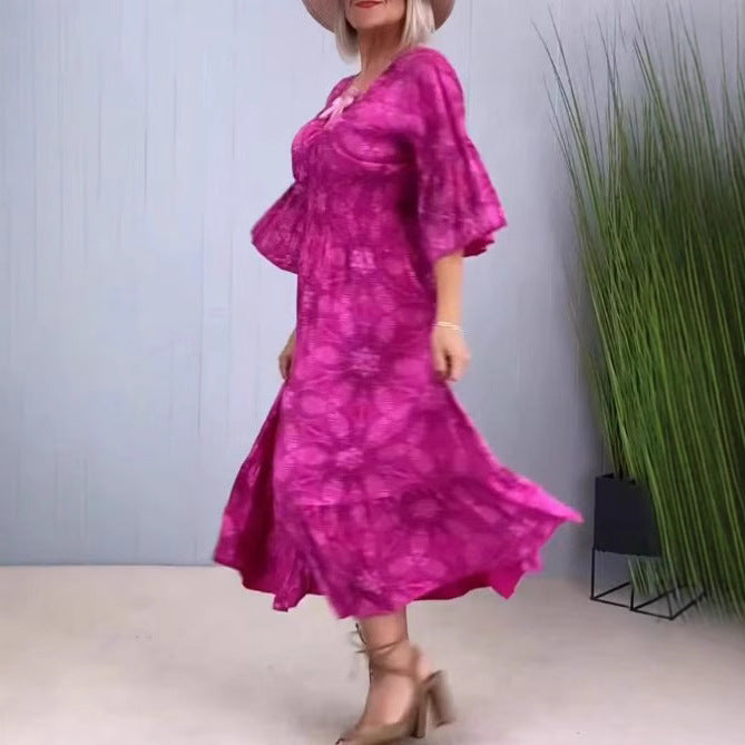 Robe midi légère pour femmes avec décolleté en V, ourlet en couches et manches volantées mi-longues R&B