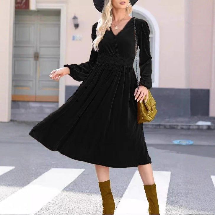 Robe midi en velours pour femmes avec décolleté en V, taille smock froncée et manches ballon longues